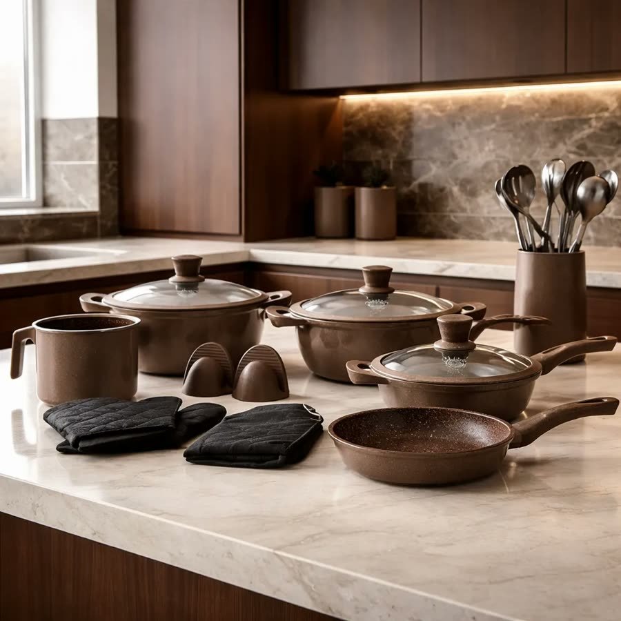 Jogo de panelas Mônaco no acabamento marrom sobre bancada de mármore